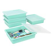 Storex Letter Size Flat Storage Tray – Organizer Bin with Non-Snap Lid for Classroom, Office and Home, Teal, 5-Pack (...