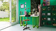 Vintage office furniture contrasted with a punchy emerald green.