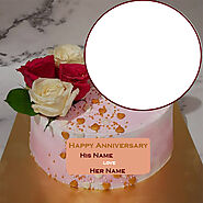 Red And White Rose Anniversary Cake Photo Frame With Name In Heart