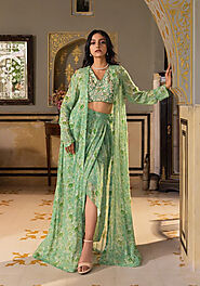 Green Georgette Draped Skirt Set - Suruchi Parakh