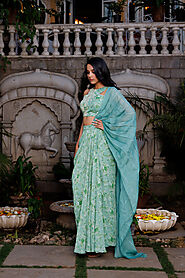 Green Organza Embroidered Draped Skirt Saree Set