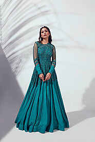 Teal Green Hand-Crafted Gown - Suruchi Parakh