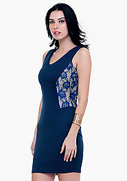 Lace Sides Bodycon Dress - Blue