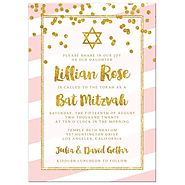 Bat Mitzvah Invitations - Pink Stripes & Gold Confetti