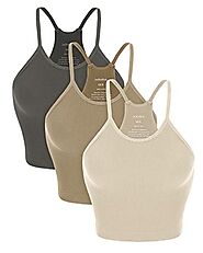 ODODOS Women's Crop 3-Pack Washed Super Soft Lightweight Rib-Knit Camisole Crop Tank Tops, Mushroom Taupe Charcoal, X...