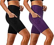 DEVOPS Women's 2-Pack High Waist Workout Yoga Running Exercise Shorts with Side Pockets (Large, Black/Dark Violet)