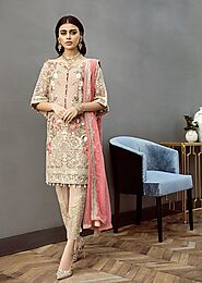 Branded Partywear embroidered shalwar kameez in pink and light skin color