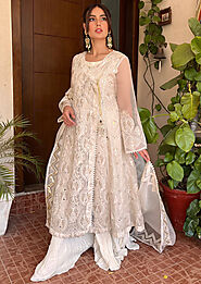 White Branded Pakistani Partywear Dress 2023