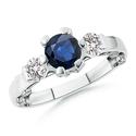 Round Blue Sapphire and Diamond Three Stone Engagement Ring