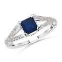 Square Blue Sapphire and Round Diamond Split Shank Ring