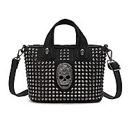 Black Leather Top Handle Rivet Studded Goth Bags With Strap