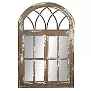 DecMode 30″ x 48″ Brown Window Pane Inspired Wall Mirror with Arched Top