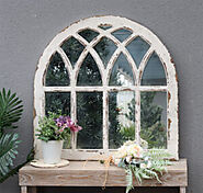 Parisloft Distressed White Arched Window Pane Wood Framed Wall Mirror