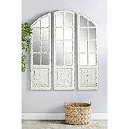 DecMode 60″, 59″, 59″H White Window Pane Inspired Wall Mirror with Arched Top and Distressing, Set of 3