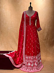 Buy Gajari Chinon anarkali suit for karwa chauth Online in India