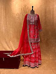 Red Colour Sharara Suit With Mirror Foil Work For Wedding | Kothari Sons