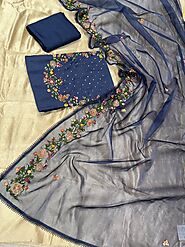 Blue Colour Chanderi Silk Embroidered Unstitched Suit For Ladies | Kothari Sons