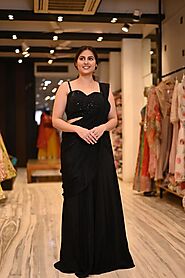 Black Colour Crepe Silk Readymade Skirt Style Drape Saree | Kothari Sons