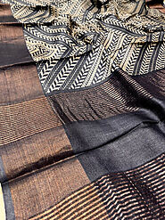 Black Colour Tussar Silk Printed Saree With Zari Border | Kothari Sons