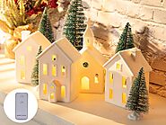 9 Pcs Christmas Village Figurines Sets - 4 Lighted Ceramic Houses with Remote Control & 5 Trees - Christmas Decoratio...