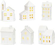 White Ceramic Christmas Village Houses,Christmas House Night Light,LED Light Up Christmas House,White Porcelain Villa...