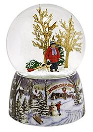 Merry Christmas Snowy Woodland Scene Music Snow Globe Glitterdome - 5.5" Tall 100MM - Plays Tune Over the River and T...