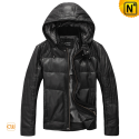 Black Leather Down Jacket with Hood CW874130
