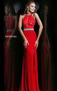 Red Beaded Sherri Hill 21210 Halter-Bodice Long Sheer Prom Dresses Cheap