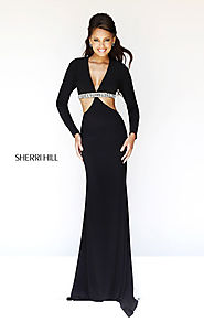 Sherri Hill 21250 Cutout Black/Silver Cheap V-Neck Long-Sleeved Long Prom Dresses [Sherri Hill 21250 Black/Silver] - ...