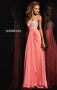 Beaded Sherri Hill 3863 Cheap Strapless Coral Long Bodice Prom Dresses [Sherri Hill 3863 Coral] - $175.00 : 2016 cust...