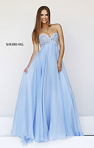 Cheap Blue Beaded Sweetheart-Neck Sherri Hill 11113 Chiffon Long A-Line Prom Dresses