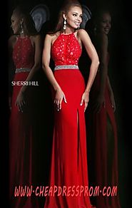Red Beads Cheap Sherri Hill 21210 Halter-Bodice Long Sheer Prom Dresses