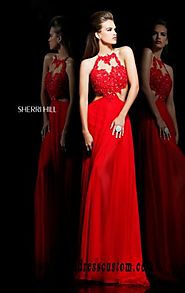 Cheap Jeweled Open-Back Sherri Hill 21309 Cutout Red/Nude Long Evening Gown