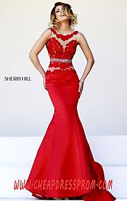 Red/Nude V-Back Sherri Hill 32033 Bateau-Neck Beading Discount Long Prom Dresses