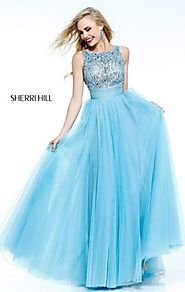 Open-Back Light Blue Beading Discount Sherri Hill 11022 Long Bows Prom Dress