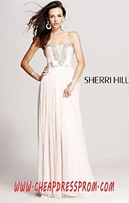 Discount Blush Straight-Neck Sherri Hill 1900 Bodice Long Pleated Prom Dresses