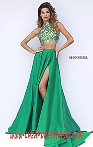 Two-Piece Emerald Halter-Neck Sherri Hill 32020 Beads Long Bodice Prom Dresses Cheap