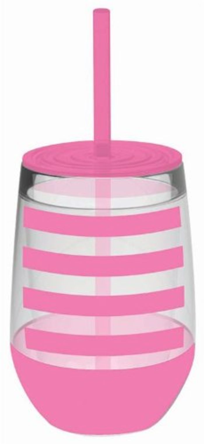 Pink Stay Fancy Plastic Stemless Wine Glass with Straw, 10oz