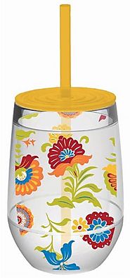 Multi Color Floral Double Wall Acrylic Stemless Wine Glass With Yellow Lid And Straw - CLICK HERE FOR PRICING