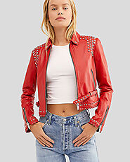 Checkout For Fiadh Red Studded Leather Jacket by NYC Leather Jackets