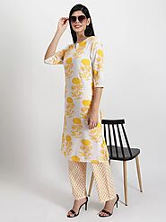 Women Floral Print Yellow Cotton Blend Kurta Pant Set – GargiStyle