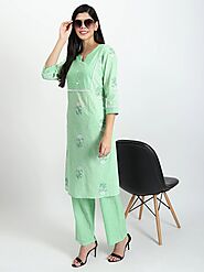 Buy Women's Pure Cotton Light Green Kurta Pant Set – GargiStyle