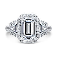 Emerald cut 3 stones pave diamond ring by Jolan Jewelry