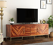 Buy Jett Metal Base Sheesham Wood Tv Unit with Drawers and Cabinets (Honey Finish) Online in India at Best Price - Mo...