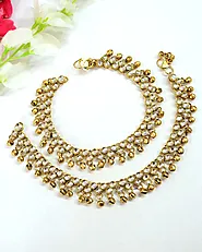 Gold-Plated Antique Anklet for Women Studded With Polki Kundan