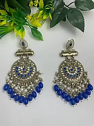 Shop Eliza Cutwork Chandbali Earrings – Blue Pearls | 50% Discount