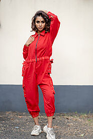 Red Handloom Cotton Cargo Jumpsuit : HIJI BIJI | Sustainable Indo-Western Wear by Prathaa – Prathaa Weaving Traditions