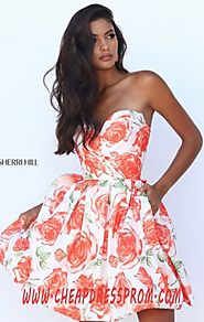 Sherri Hill 50329 Orange Floral Print Sweetheart-Neck 2016 Short Prom Dresses