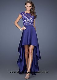 Custom Cap Sleeves Purple Lace Satin Hi-lo Prom Dress Low Prices