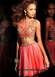 Gold Beaded Pleated Tulle Coral Two-piece Homecoming Dress